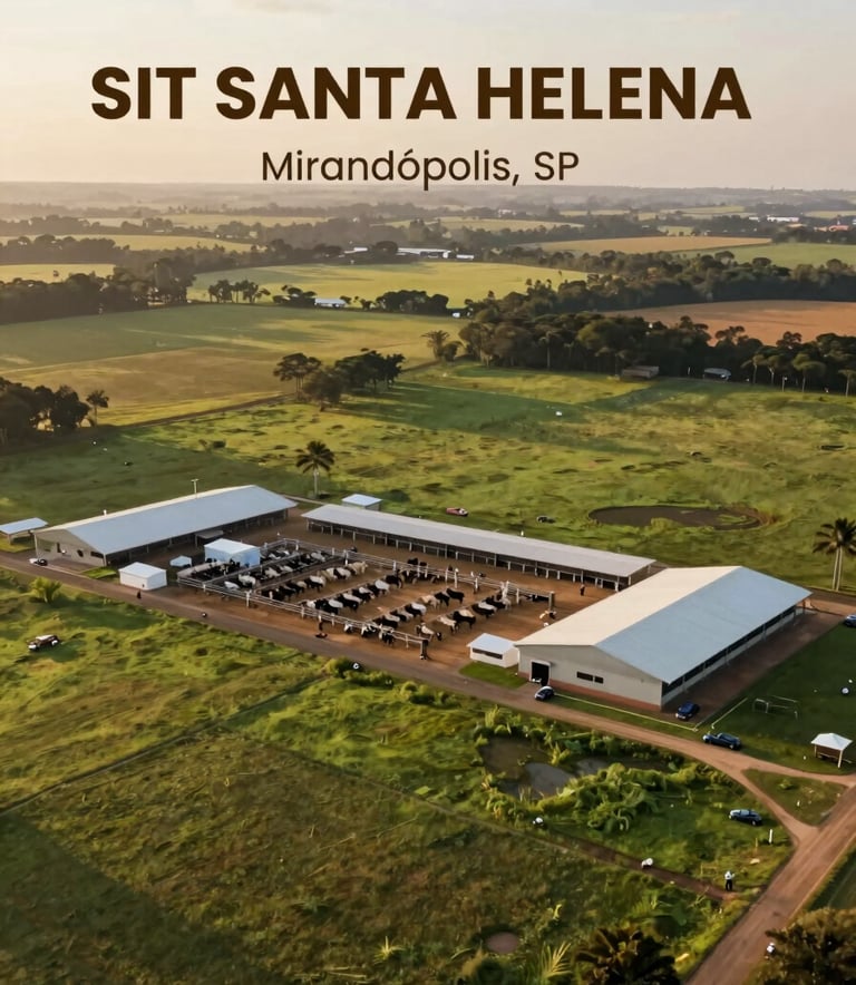 A high-angle aerial view of SIT SANTA HELENA in Mirandópolis, SP, showcasing well-maintained green pastures and professional cattle management facilities under a warm, clear sky. The image uses natural earthy tones like #6E615B and #88A67B to convey a modern agricultural aesthetic.