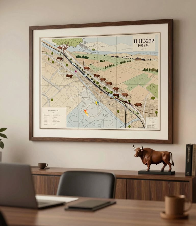 A professional and modern office setting with agricultural elements, such as a framed map of a ranch and a small sculpture of a bull. The lighting is warm and clean, featuring a color palette dominated by #3F322B and #F8F3EC.
