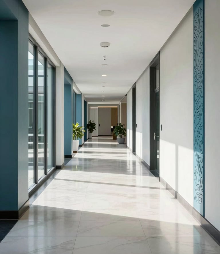 A sophisticated corporate hallway in a International / Australasian office building. The lighting is bright and natural, reflecting off soft frost white tiles. Muted ocean blue decorative elements line the walls, creating a sense of order and trust.