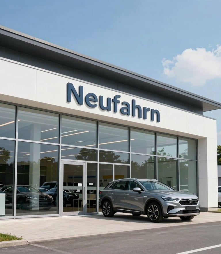 A professional photograph of a modern car dealership exterior in Neufahrn, Deutschland. The building features large glass windows and clean white and dark grey architectural lines. Bright, clear daylight with a professional atmosphere.
