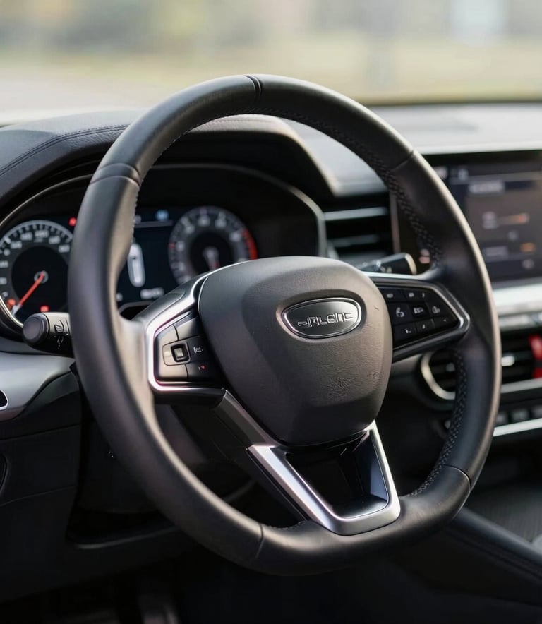 A professional close-up photograph of a modern car's dashboard and high-quality leather steering wheel, showcasing precision and engineering. Soft natural light illuminates the metallic accents and digital display. Central European / German interior style.
