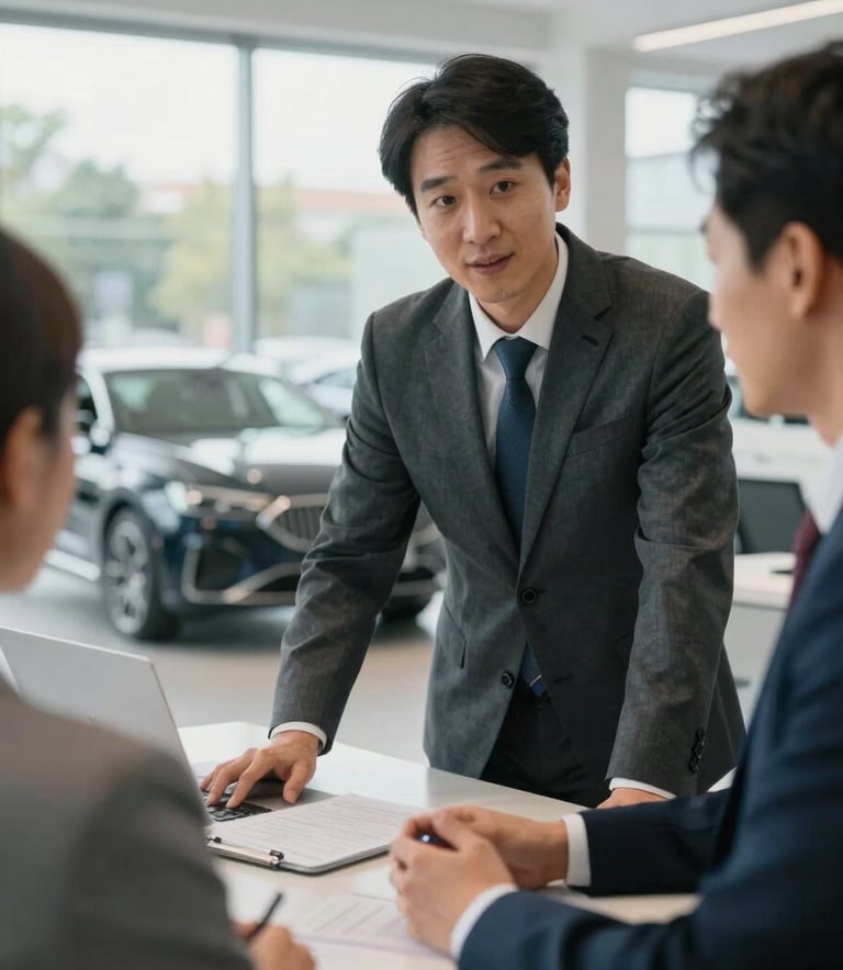 Professional car consultant in business attire assisting a client in a bright dealership office, soft focus on cars through the window, Central European setting, modern and welcoming mood.