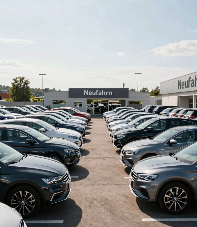 Wide angle photography of a clean and organized outdoor car dealership lot in Neufahrn Germany, rows of polished modern vehicles under a bright Central European sky, professional and reliable atmosphere.