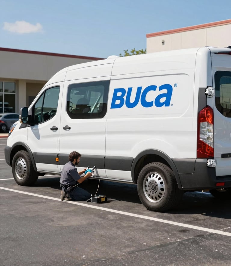 A professional service van with steel blue branding parked in a sunny North American / US office parking lot. A technician is preparing tools near the vehicle. The scene is bright, airy, and efficient, reflecting a trustworthy atmosphere.
