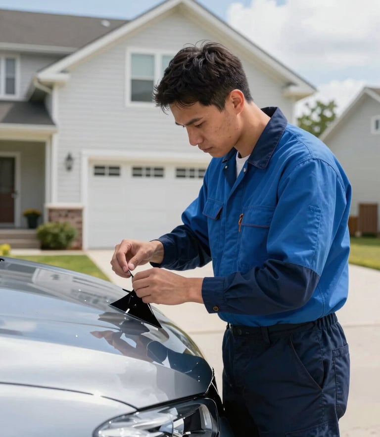 A professional auto-glass technician in a North American / US suburban driveway, wearing a clean uniform in steel blue and dark navy. They are focused on a modern car, carefully inspecting a small chip. Bright daylight, high clarity, trustworthy and efficient mood with a soft cloud white house in the background.