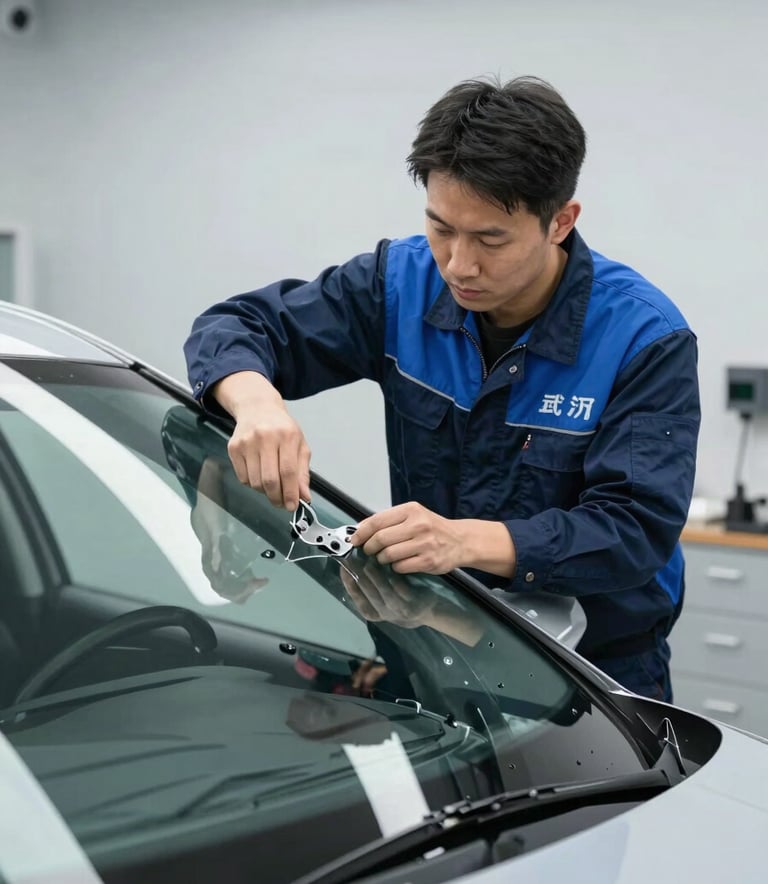 A certified technician in a professional uniform precisely installing a new windshield on a vehicle inside a modern North American / US service center. The lighting is clean and bright, highlighting the steel blue and midnight navy uniform and the pale mist grey walls of the shop.