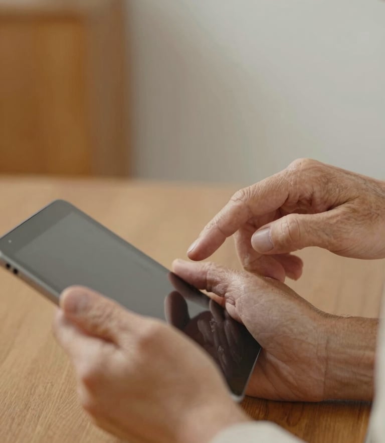 Close-up of a senior person's hands comfortably using a tablet, guided by a young professional's hand, warm and approachable vibe with orange accents.