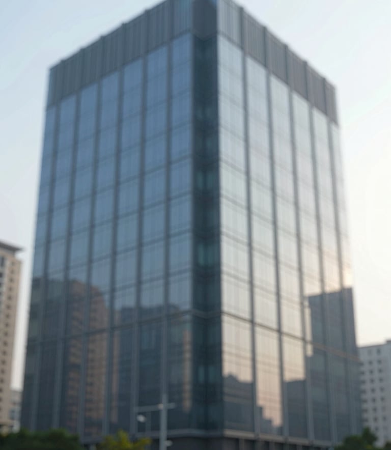 Modern office building exterior with reflective glass, clean lines, representing corporate stability and professional management, dominated by #3A6076 and #94B0C7 tones.