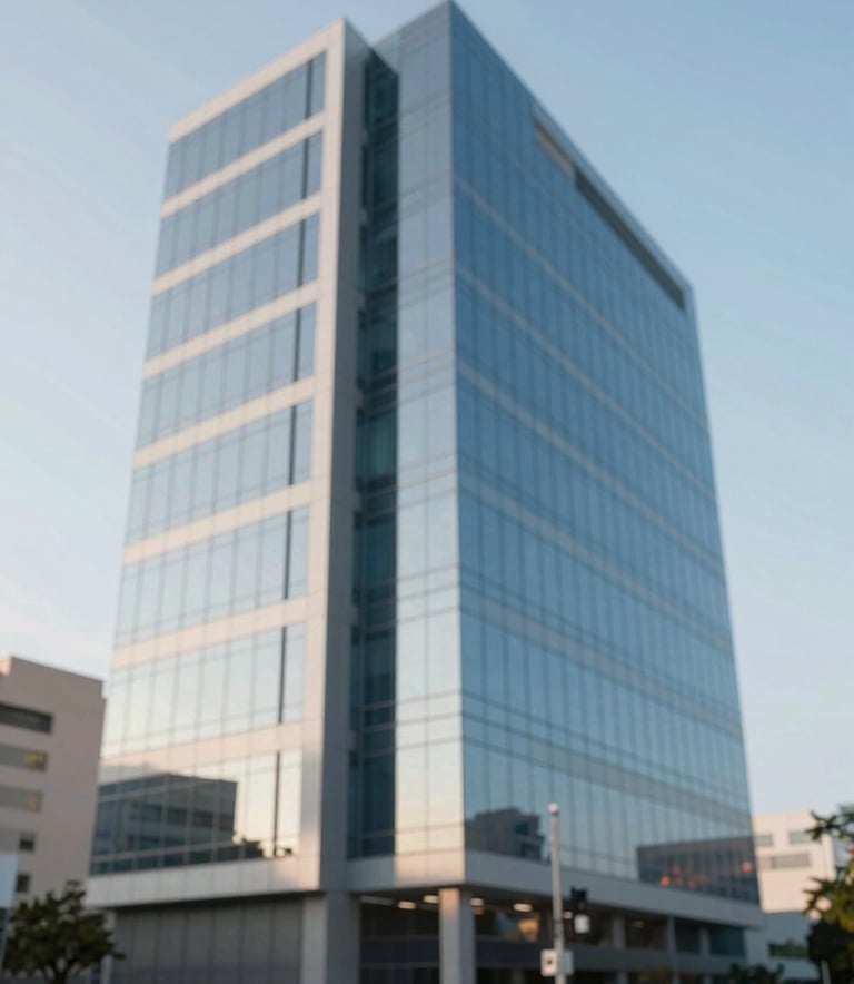 A sophisticated office building exterior in Campina Grande with glass reflections. Clean, modern architecture that conveys credibility and authority. Soft blue sky tones matching #94B0C7.