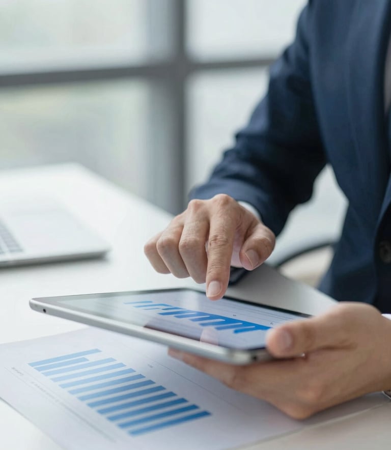 A focused business professional analyzing strategy documents on a sleek tablet in a bright office, featuring #94B0C7 highlights.