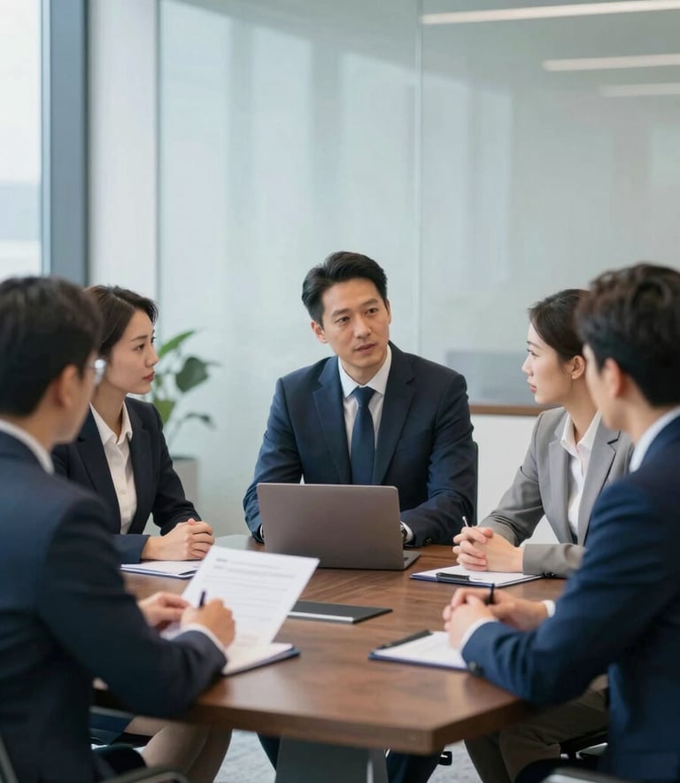 A high-end corporate meeting room with consultants discussing strategy. Soft natural lighting, professional attire, and a modern aesthetic. The palette includes #1A2C38 and #3A6076 in the decor and clothing.