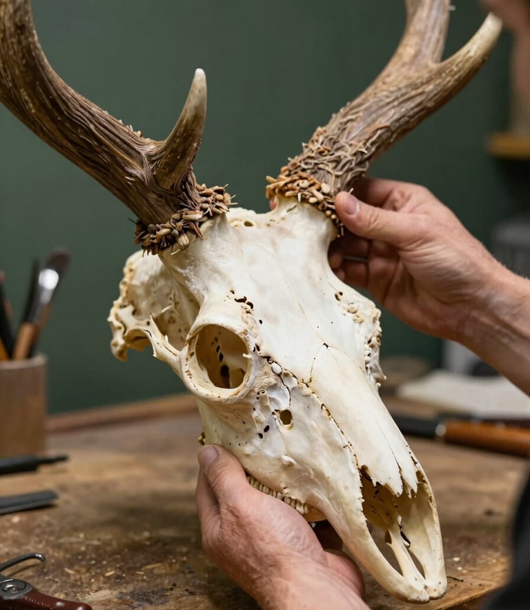 A focused close-up of a professional taxidermy artisan in a North American / US workshop, meticulously cleaning a large elk skull. The lighting is warm and clear, highlighting the detail of the bone. The background features tools and a wall painted in dark forest green.