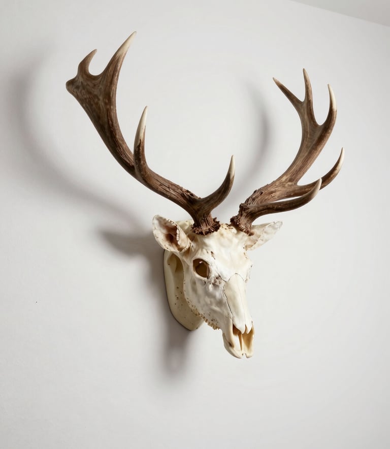 A minimalist and sophisticated shot of a finished whitetail deer European mount hanging on a clean, pearl white wall. The shadows are soft, and the composition is modern and artistic. The natural textures of the antlers contrast beautifully with the smooth bone.