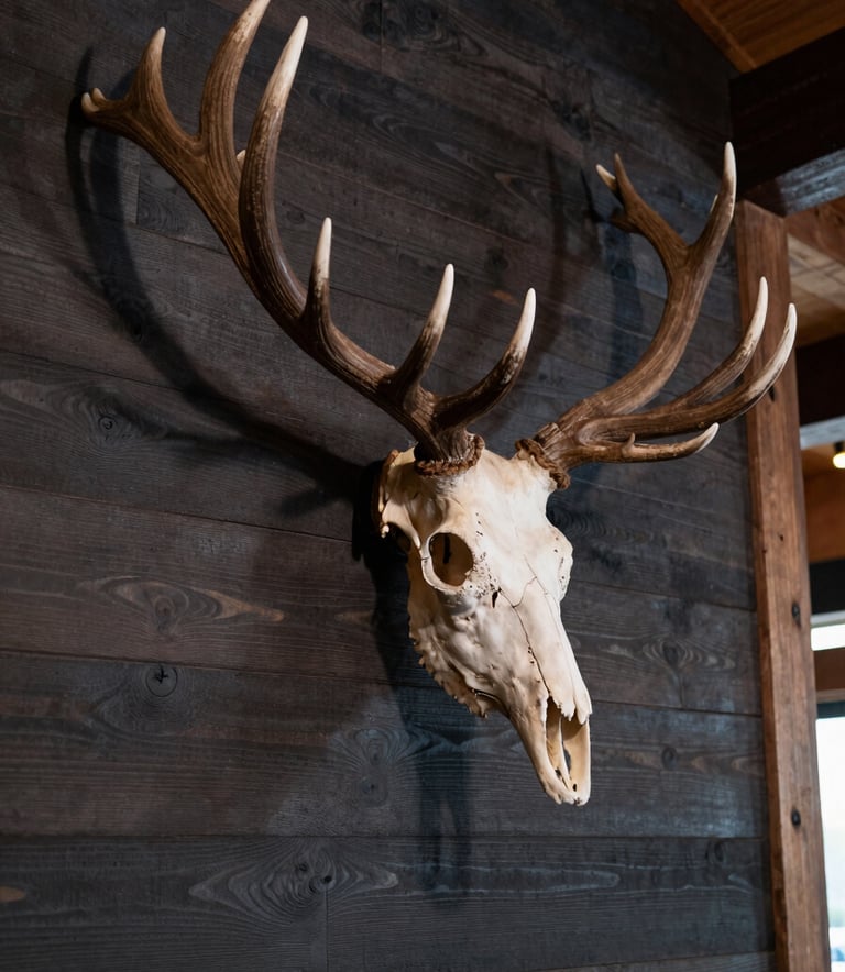 A high-resolution, professional photograph of a pristine elk European mount displayed on a dark reclaimed wood wall inside a modern North American US mountain lodge. The lighting is soft and focused on the bone texture.