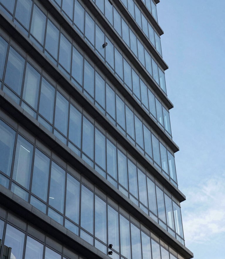 Photography of a modern architectural detail of a corporate headquarters featuring glass and steel, with a clear blue sky background. The composition is sharp and high-contrast, suggesting efficiency and global reach.