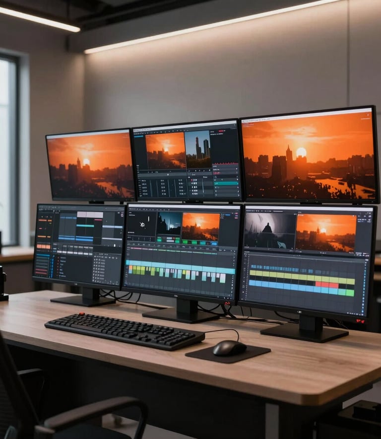 A high-end, professional photography of a modern video editing suite with multiple large OLED monitors showing sleek orange and black color graded cinematic footage. The setting is a minimalist, creative studio in a Global / International city with soft, ambient lighting.