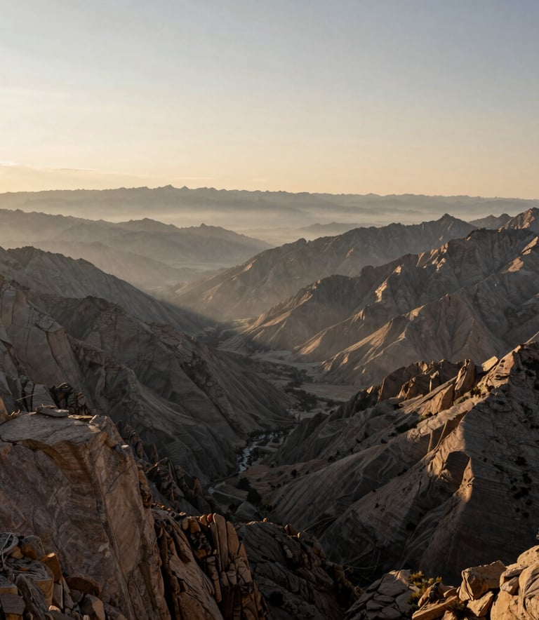 Wide-angle landscape of the North American Rocky Mountains at dawn, misty valleys, muted tan peaks, professional outdoor photography style. No people.