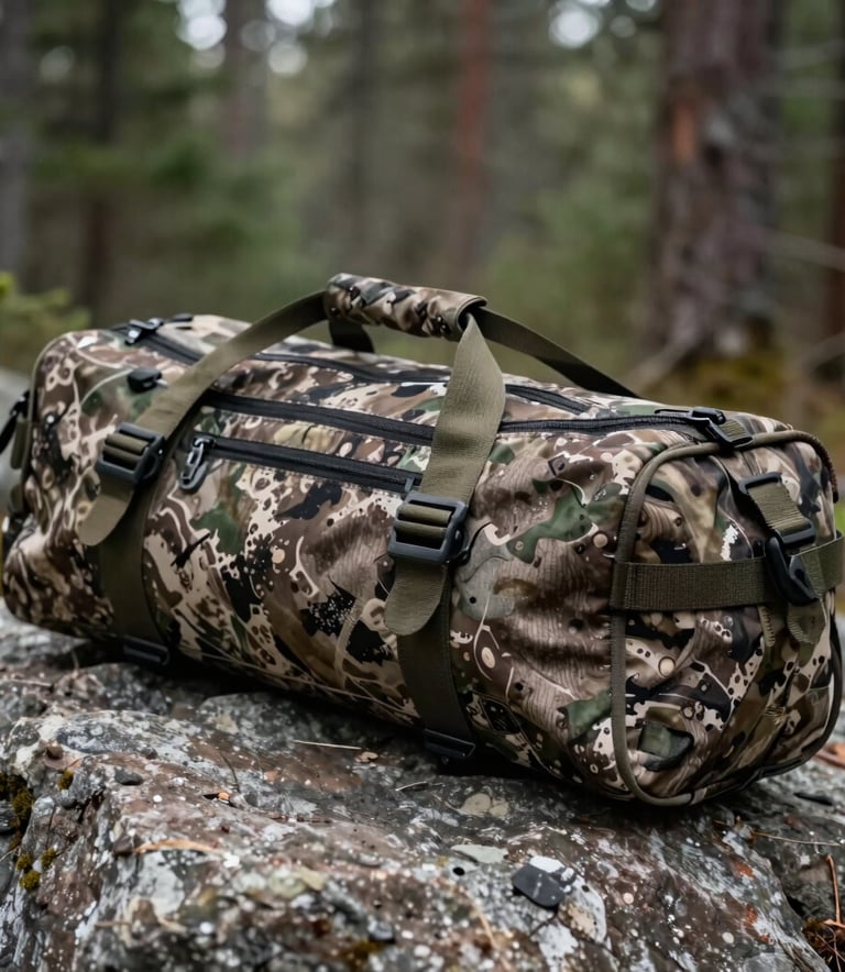 A close-up of a high-quality camouflage hunting jacket and gear bag resting on a forest rock, blurred North American wilderness background, focus on texture and durability. No people.