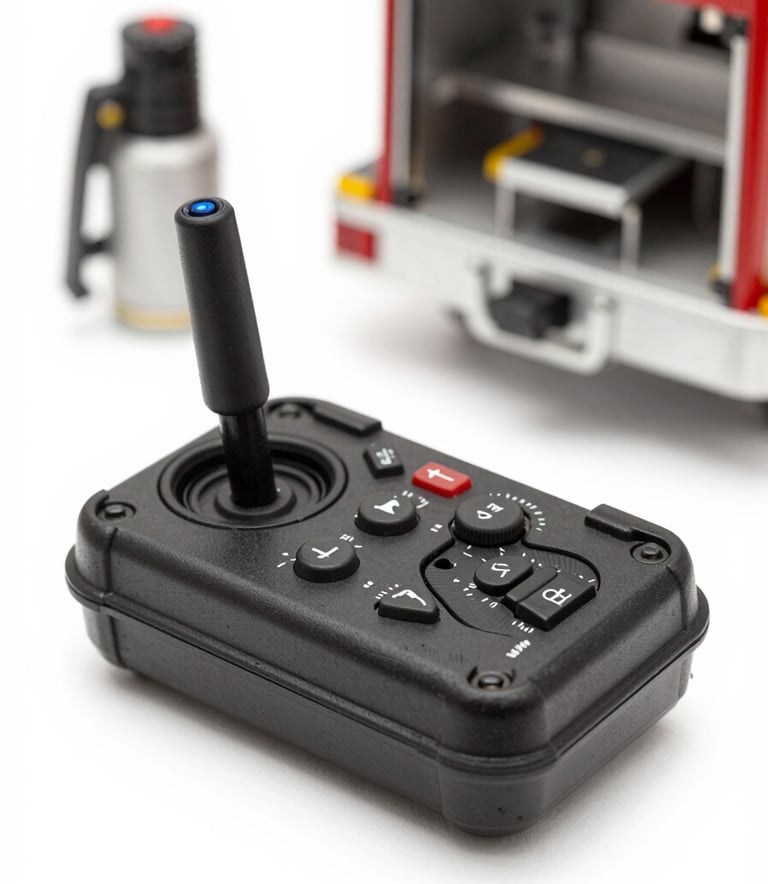 A professional remote control transmitter unit for fire fighting monitors, with a precise joystick and rugged casing. A modern oil terminal is blurred in the background, conveying industrial safety.