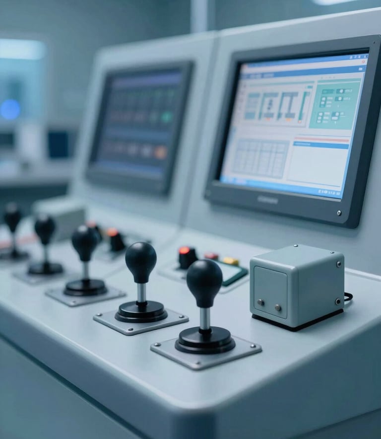 A high-tech control panel with industrial joysticks and control boxes for remote monitor systems. The scene is shot in a professional testing laboratory with cool blue lighting, featuring #3D5A80 and #98C1D9 tones, conveying precision engineering.