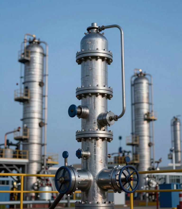 A heavy-duty stainless steel industrial foam monitor mounted on a platform at an oil refinery. The sky is a clear twilight blue, and the monitor has a robust, metallic finish with accents of #1A202C, looking technologically advanced and reliable.
