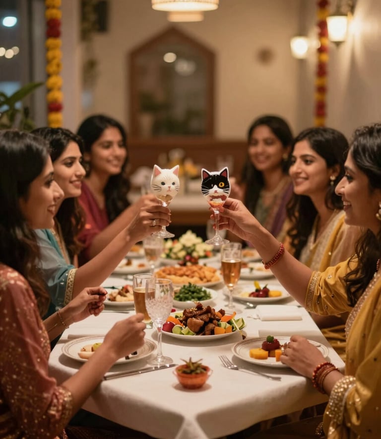 A happy group of local women celebrating a festive kitty party at a beautifully set restaurant table in Ayodhya. The lighting is warm and celebratory, incorporating brand tones of #B78759 and #F8F3EC. High-quality lifestyle photography.