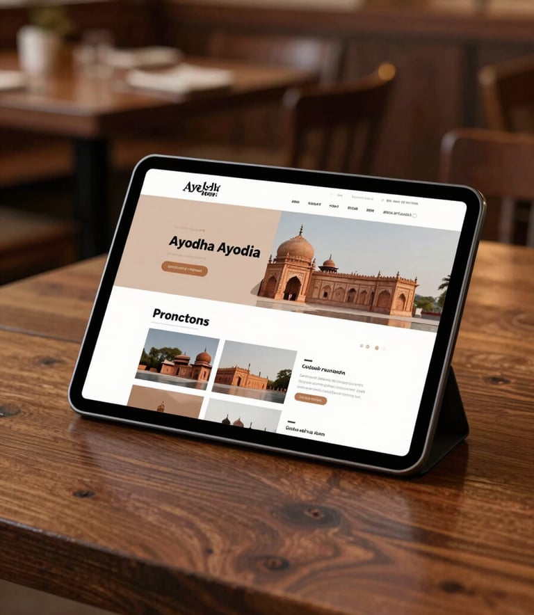 A high-end tablet placed on a traditional wooden restaurant table in Ayodhya, displaying a professional, clean 5-page website. Warm indoor lighting, highlighting textures of #4A2D2A and #E7D9C7.