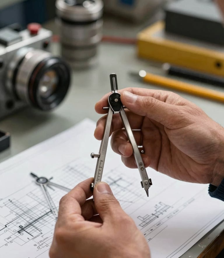Close-up of hands in a North American / Mexican industrial environment holding a silver compass and a technical blueprint, shallow depth of field, sharp focus on engineering tools.