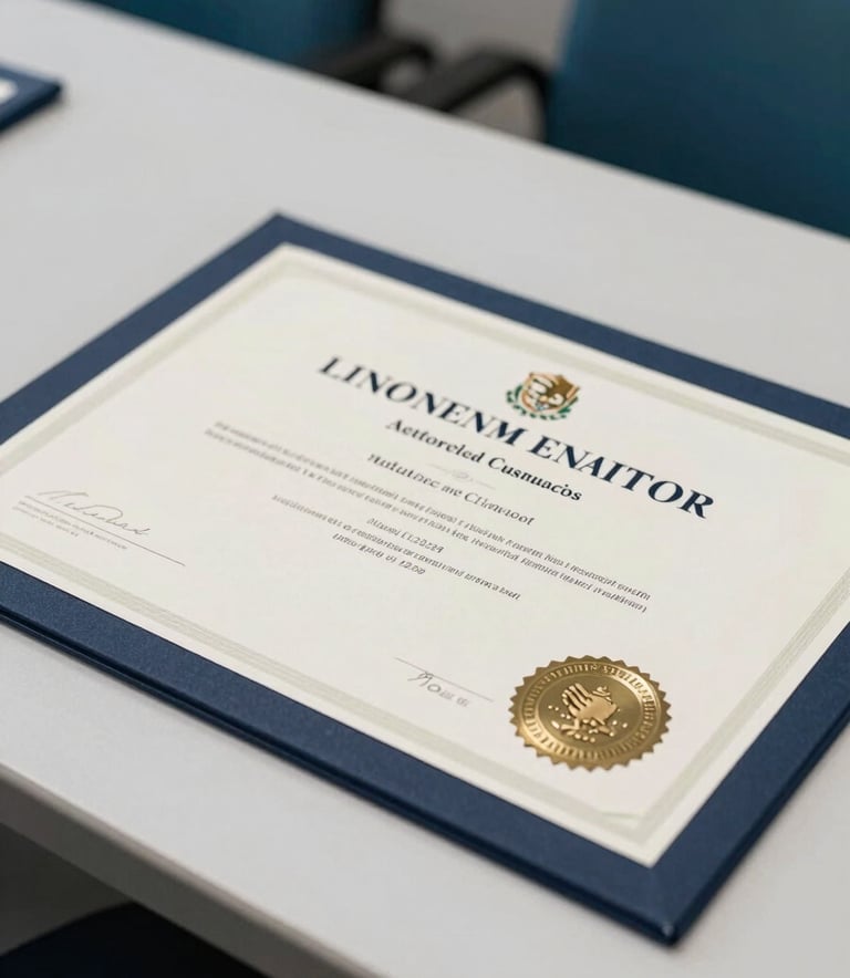 Detailed photography of a professional quality certification with a metallic seal on a clean white desk, professional lighting, North American / Mexican academic setting, featuring palette colors like dark blue-grey and teal accents in the background.