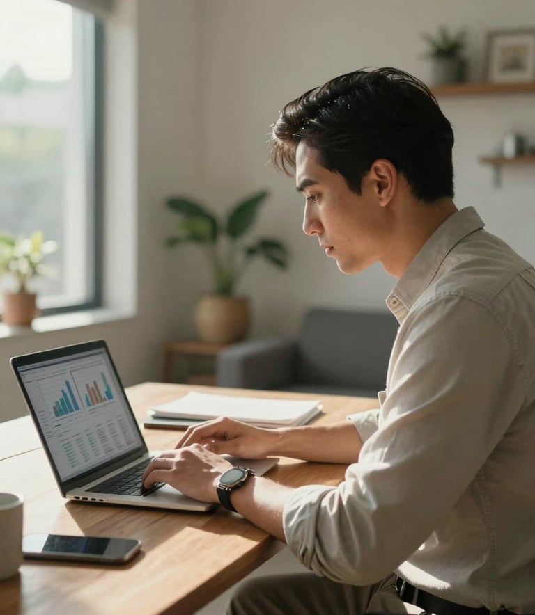 A professional in business casual attire sitting in a modern, sunlit North American / Mexican home office, focused on a laptop screen with data charts, cinematic lighting.