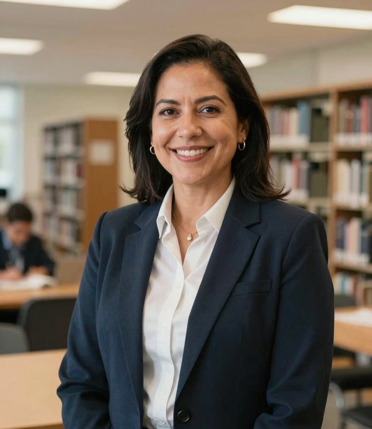 A professional portrait of an educator in a modern academic setting, North American / Mexican context, blurred background of a modern library, soft and warm lighting, professional and accessible mood.