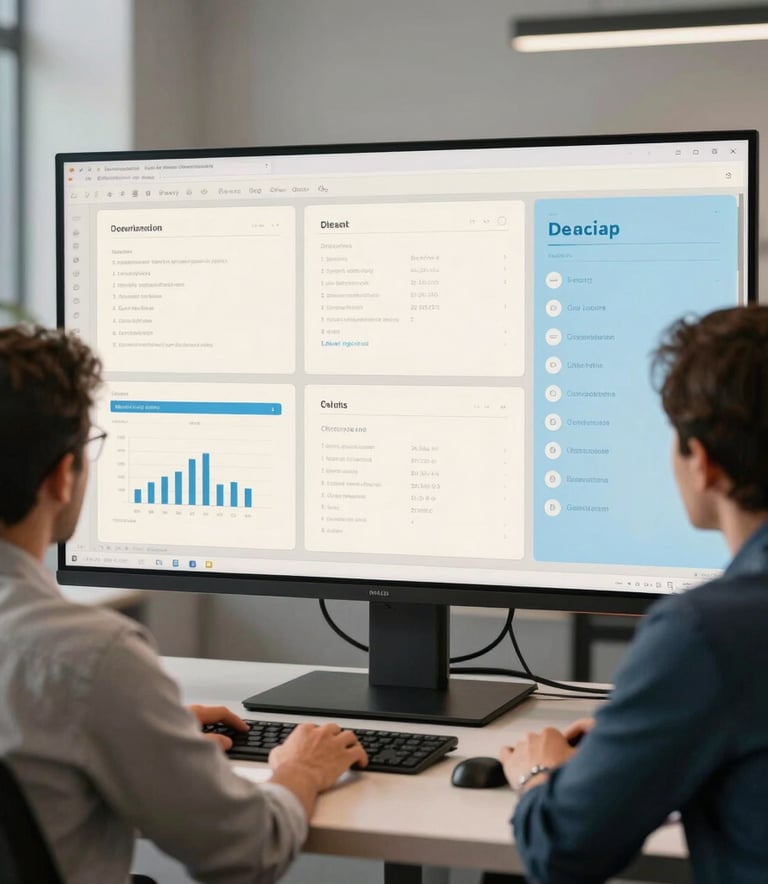 A professional North American team collaborating in a bright modern software studio looking at design mockups on a large display using off-white and pale blue colors.