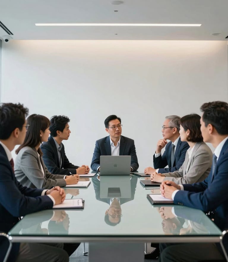 A wide photography shot of a bright, contemporary conference room in Chicago, North American / US. A group of professionals in business casual attire discussing software strategy at a glass table. The atmosphere is efficient and authoritative, with a sophisticated color palette of white, pale blue, and dark blue.