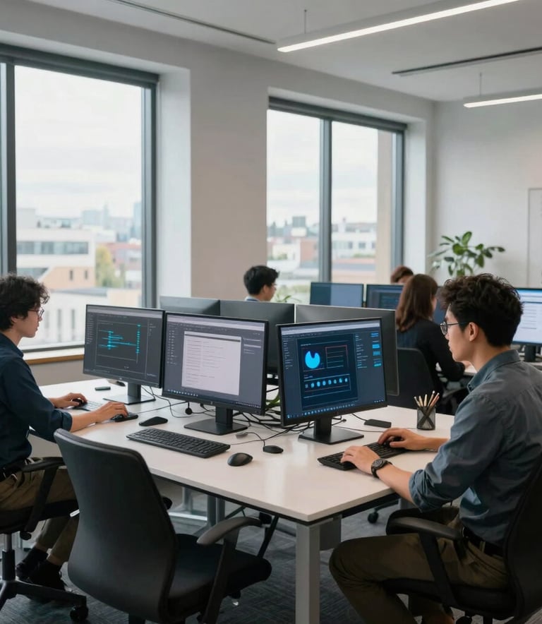 Wide shot of a clean, minimalist software development studio in Seattle, North American / US environment. Natural light from large windows, professionals in business casual attire working on Android workstations, sophisticated charcoal and steel blue color palette.