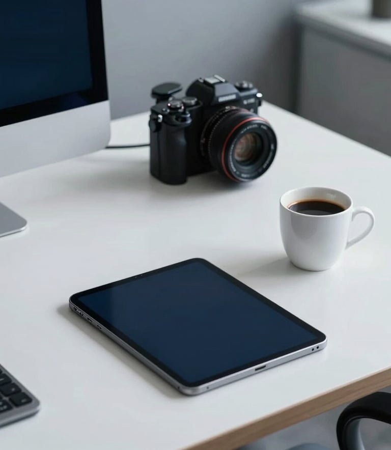 A high-end tech workspace in a North American city hub featuring a clean desk with a modern tablet and a cup of coffee. Soft ambient lighting with medium navy and light blue-grey accents.
