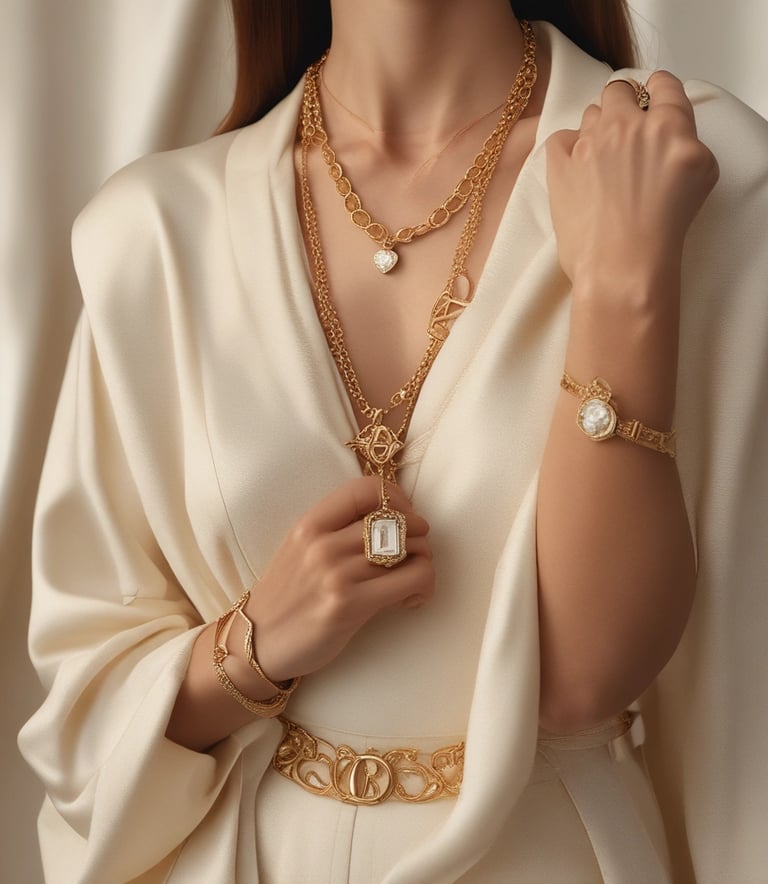 Close-up of a stylish necklace and bracelet set on a soft beige fabric background
