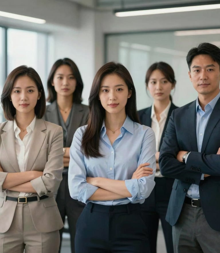 A confident professional team standing together in a modern, light-filled office space in North American / US, looking approachable and reliable.