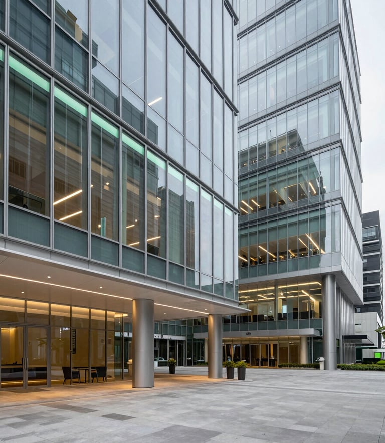 A wide-angle professional photograph of a modern North American / US corporate headquarters lobby, featuring sleek glass architecture and clean lines, with subtle mint and teal lighting accents.