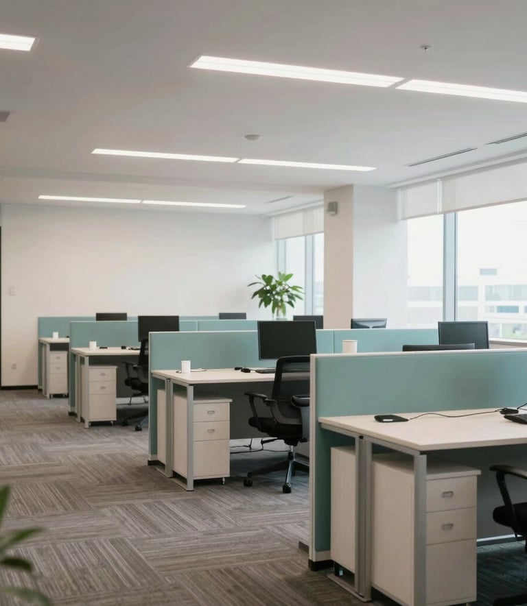 A bright and airy corporate office interior in North American / US, featuring clean lines, modern furniture, and subtle teal green accents, reflecting a professional and organized environment.