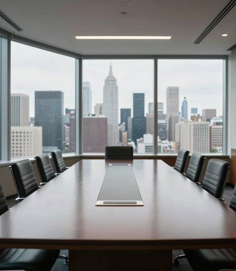 A professional photograph of a large, high-end North American / US boardroom with a long polished table and floor-to-ceiling windows overlooking a city skyline.