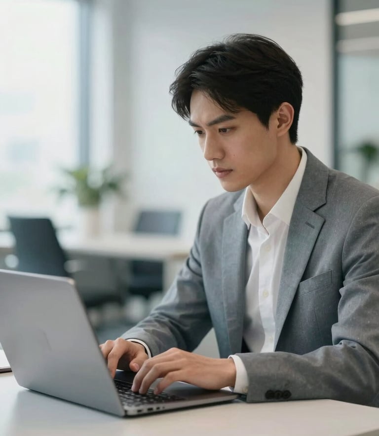 A focused professional in a modern Global / International office setting, working on a sleek laptop with a clean, blurred background. The scene is lit with soft, natural light, incorporating accents of Muted Blue and Off-white in the decor.