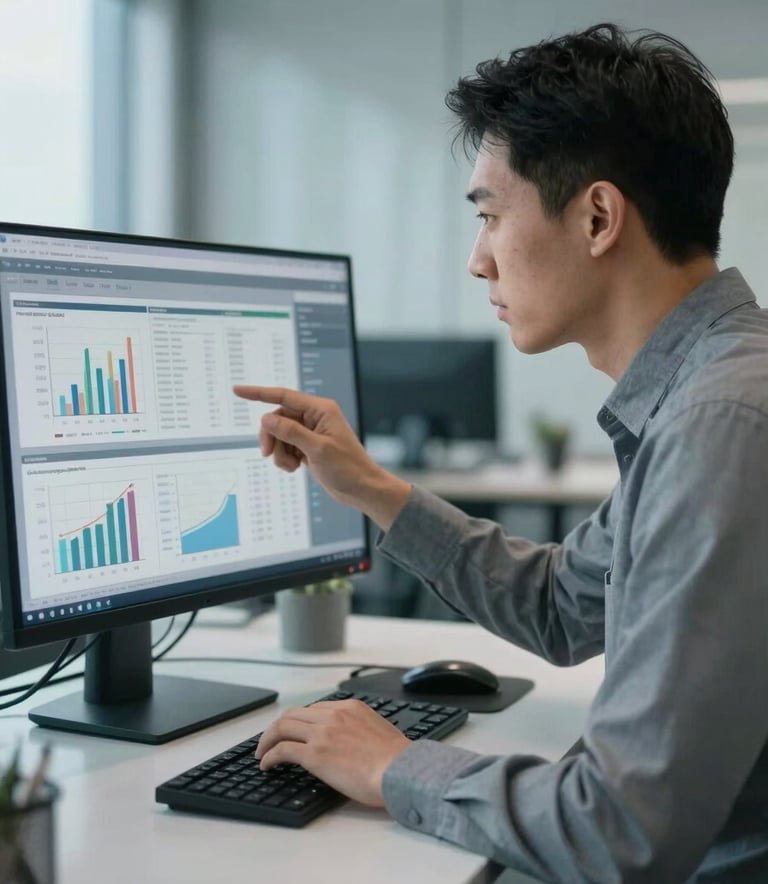 A focused professional analyzing complex data charts on a computer screen in a sleek, modern Global / International corporate office, with soft light blue-grey tones in the environment.