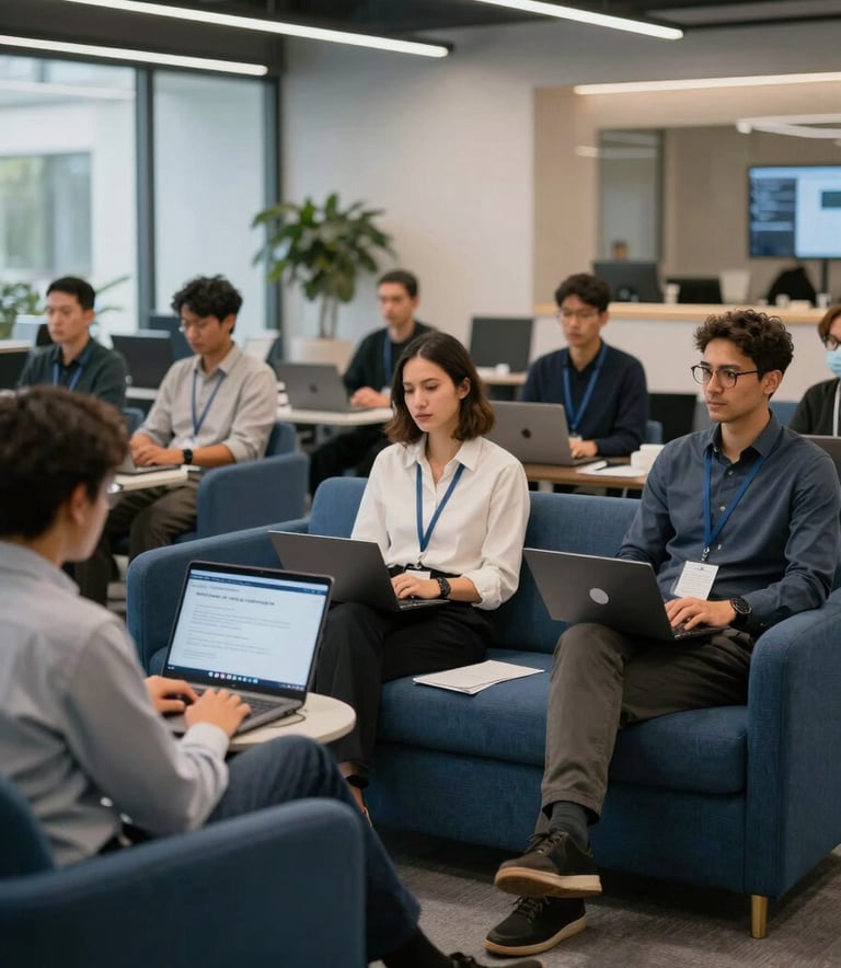 A diverse team of professionals attending a high-tech workshop about AI and search optimization in a modern Global / International workspace with slate blue furniture.
