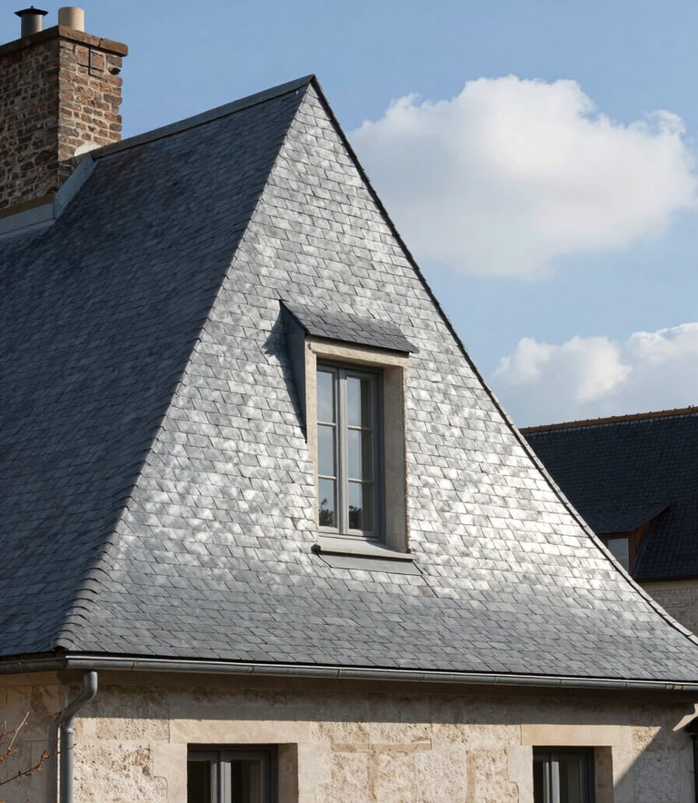 Professional architecture photography of a traditional house in a European French village with a pristine new slate roof, blue sky backdrop, clear morning light, Silver and Cloud color tones.