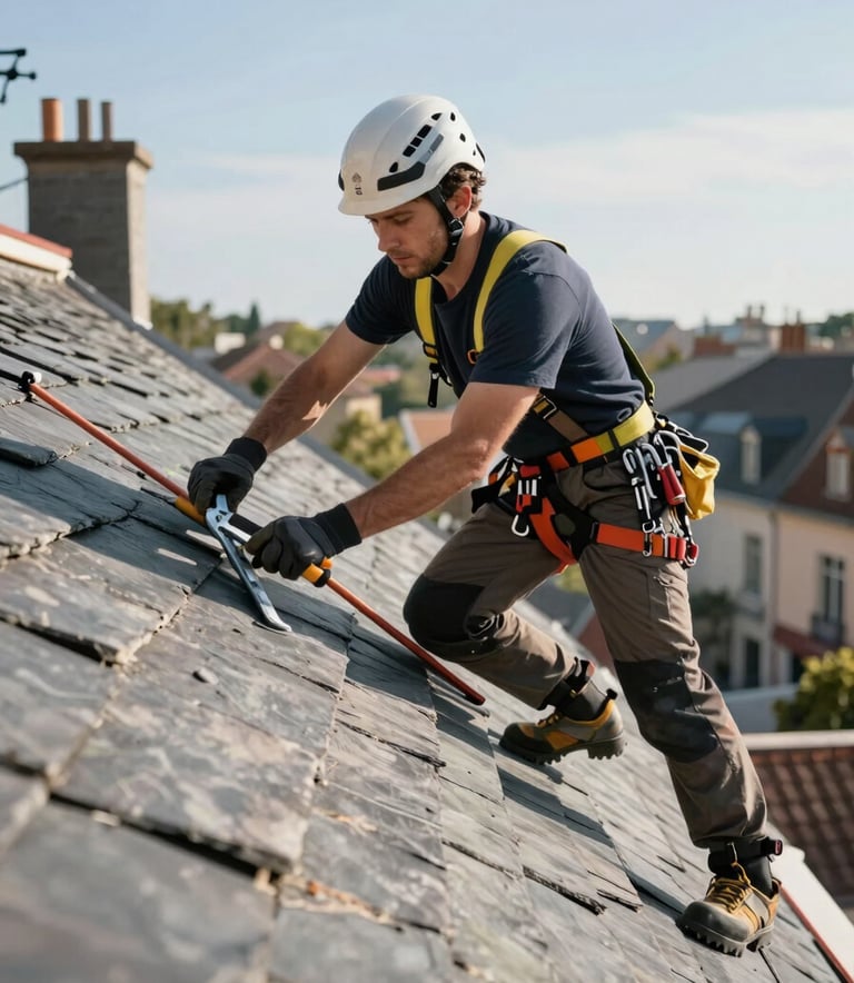 A professional roofer in safety gear working on a beautiful slate roof under a clear sky, clean and modern tools, European / French setting with traditional architecture in background.