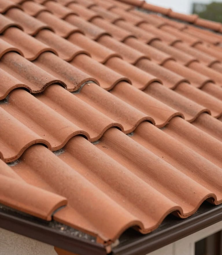 A close-up photograph of perfectly aligned terracotta roof tiles on a house, highlighting professional installation and clean lines, natural daylight, European / French residential architecture.