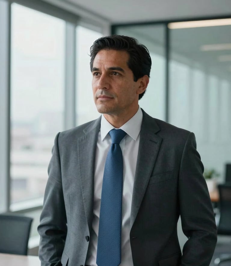 Professional Mexican businessman in a modern office with glass walls, soft daylight, minimalist composition, wearing a professional slate blue tie.