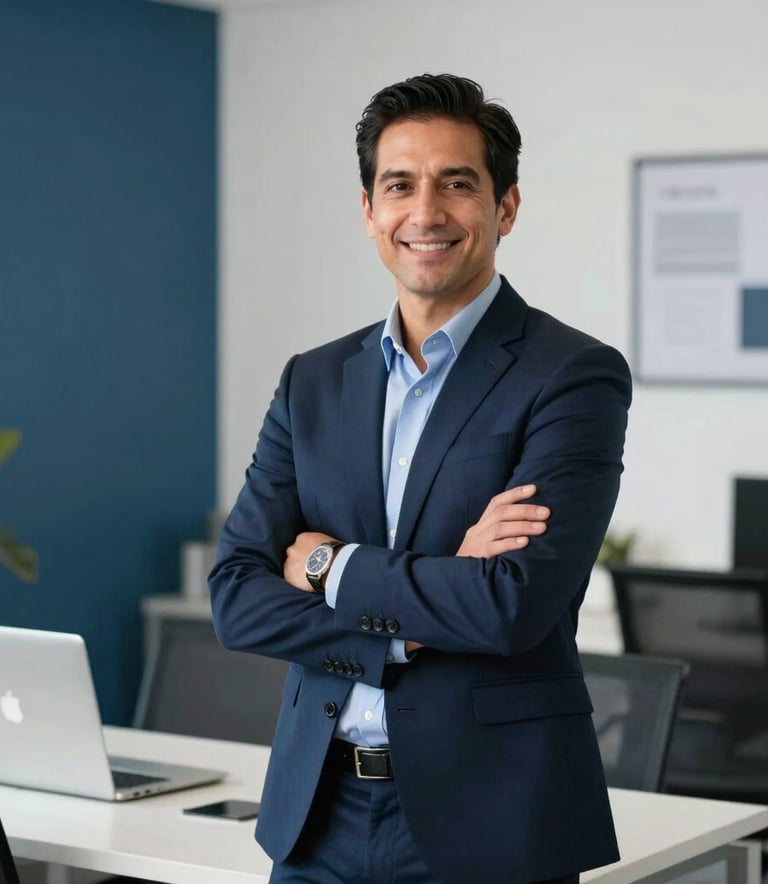Photography of a professional Mexican insurance advisor in a modern, minimalist office with navy blue and muted blue accents. The lighting is bright and clear, conveying confidence and efficiency.