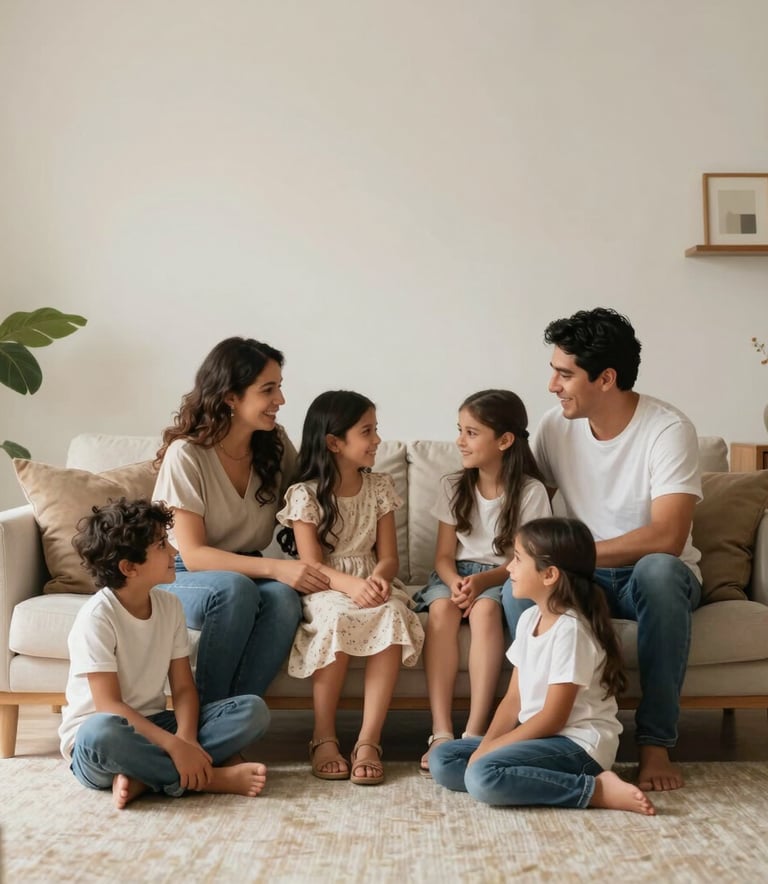 A happy Mexican family sharing a quiet moment in a bright, minimalist living room with warm, natural lighting and sophisticated decor.