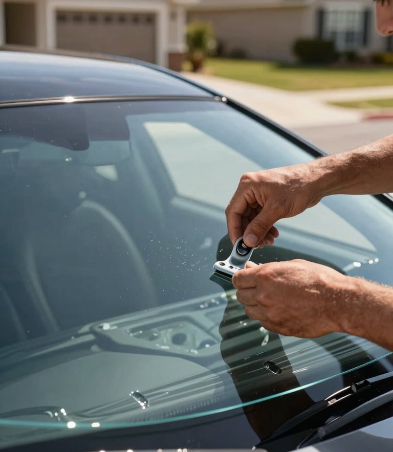 A close-up photograph of a skilled technician's hands carefully installing a pristine, clear windshield on a luxury sedan in a North American suburban driveway. The lighting is bright and clean, emphasizing the high-quality, transparent glass. The aesthetic is professional and refined.